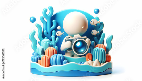 Underwater Photographer Capturing the Mysteries of the Deep Sea in Candid Daily Work Environment - 3D Icon with Isolated White Background