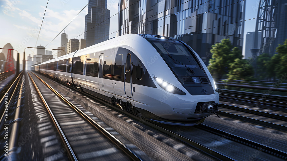 Naklejka premium The train is accelerating along the tracks. with the lights from the train reflecting off the platform The concept of movement and excitement as the train passes through the station.