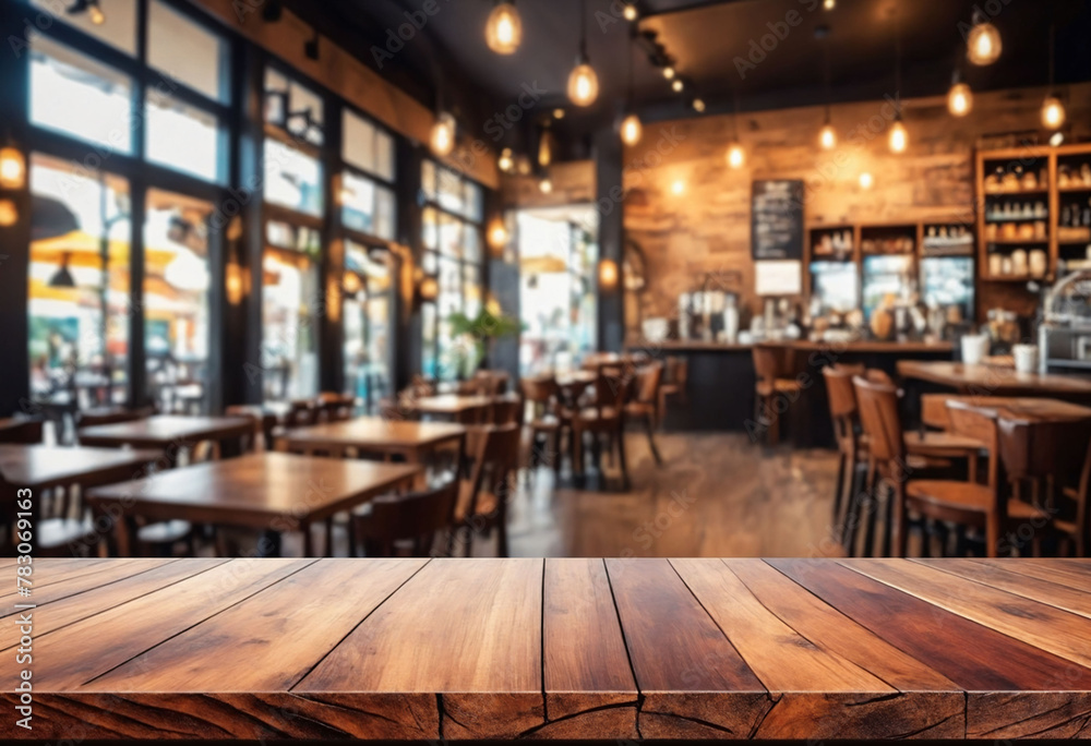 Wood table on blur of cafe coffee shop bar background can used for display or montage your products Wood table on blur of cafe coffee shop bar background can used for display or montage your products