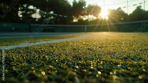 Sunrise view of freshly mowed grass tennis court in a major tennis club tournament photo