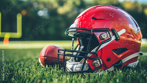 Close up phtograph of American Football and red helmet in the field