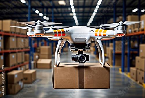 In the warehouse, a drone transports a package aloft