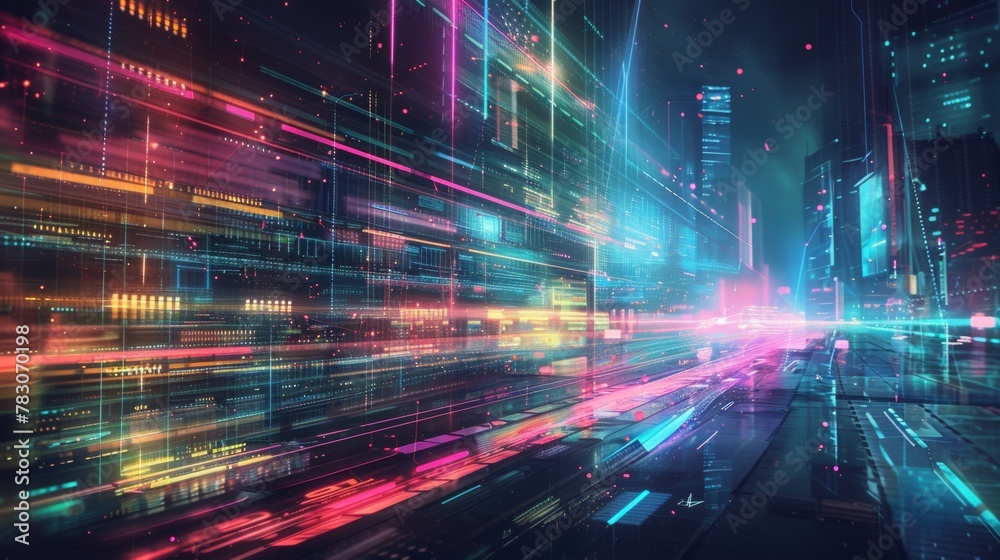 A building filled with futuristic technology. In the background are colorful stars streaking across the night sky A building filled with futuristic technology. In the background are colorful stars streaking across the night sky