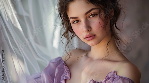 intimate portrait in studio soft rosy cheeks gauzy lavender top