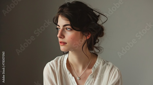 minimalist beauty portrait sheer ivory blouse delicate silver necklace photo