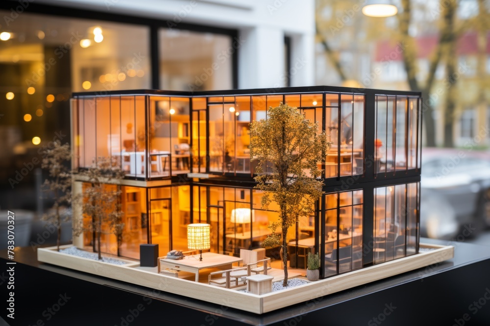 Scale model of modern business office complex displayed for real estate development