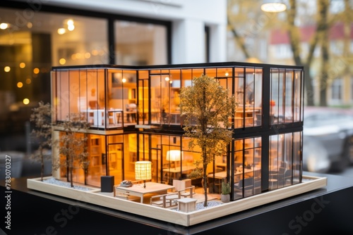 Scale model of modern business office complex displayed for real estate development photo