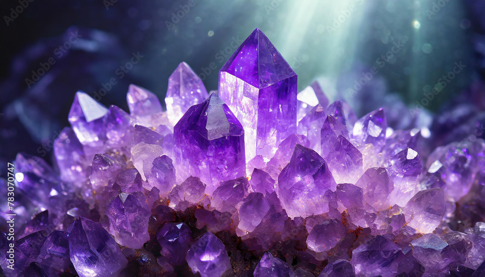 Close-up of cluster of radiant purple crystals illuminated by soft lighting. Beautiful glowing crystals. Close-up of cluster of radiant purple crystals illuminated by soft lighting. Beautiful glowing crystals.