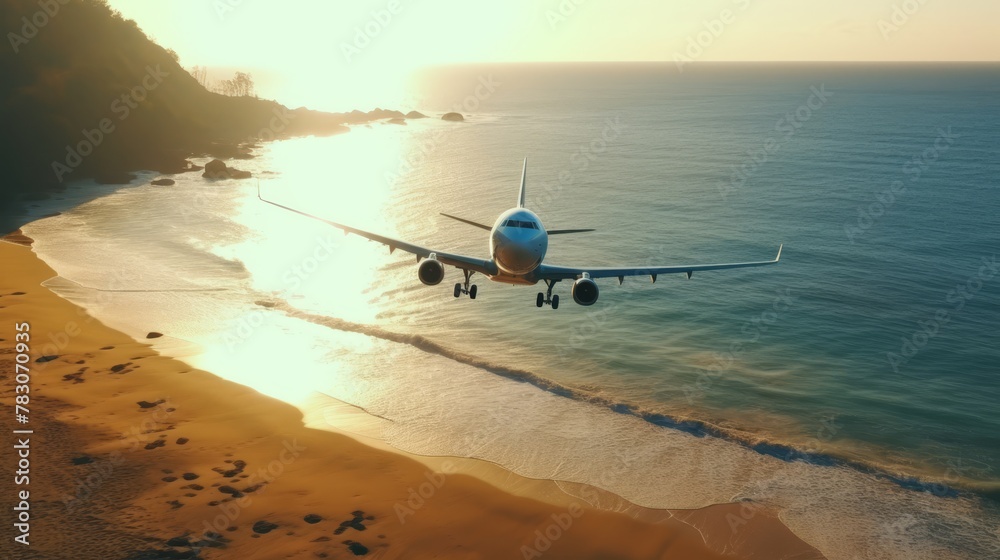 Aerial view of airplane silhouette shadow on seashore, travel concept background for scenic beach