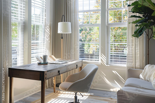 A chic home office with a sleek desk and ergonomic chair bathed in natural light.