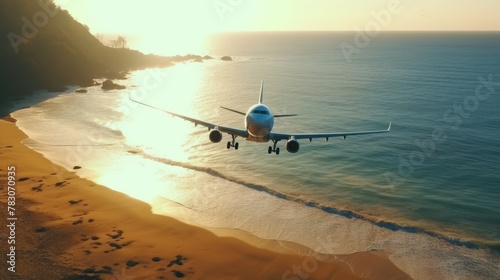Aerial view of airplane silhouette shadow on seashore, travel concept background for scenic beach