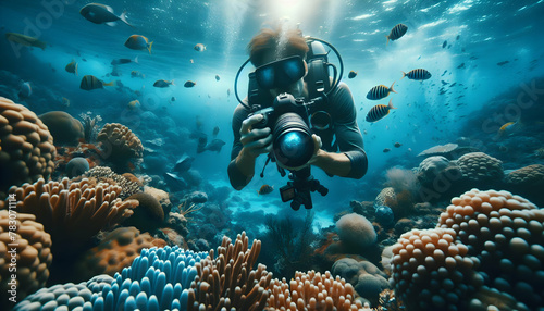 Underwater Photographer Capturing Candid Daily Life and Work on Coral Reef in Natural Environment