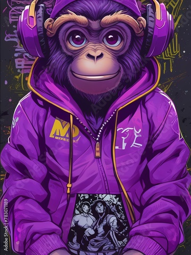 Happy monkey anime wearing a purple hoodie and headphones, hip hop style, DJ