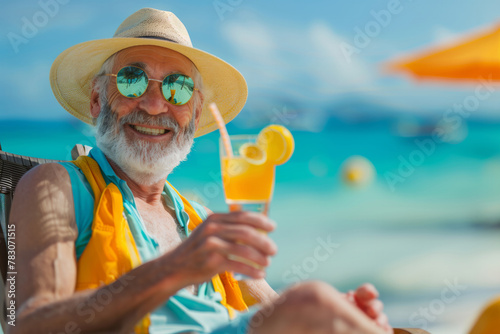 A man is sitting on the beach with a glass of orange juice and a straw. He is smiling and enjoying his drink. a senior person enjoing his mocktail on a beach photo