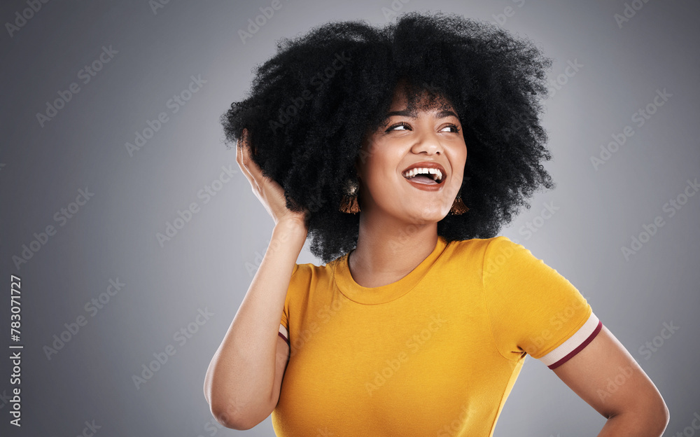Thinking, woman and decision with smile, solution or problem solving on grey studio background. Person, girl or model with afro, choice or thoughts with promotion for hair care or beauty with student