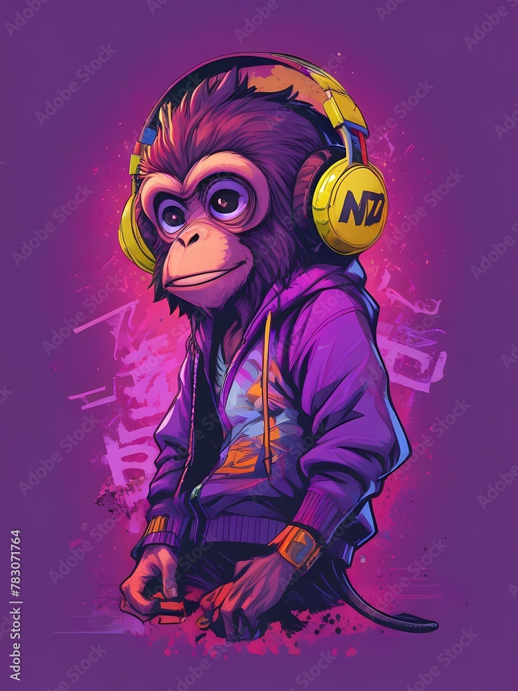 Happy monkey anime wearing a purple hoodie and headphones, hip hop style, DJ Happy monkey anime wearing a purple hoodie and headphones, hip hop style, DJ