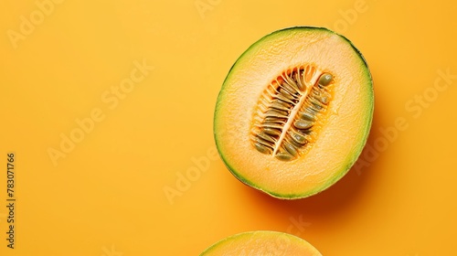 Ripe cantaloupe melon on vibrant orange backdrop, seasonal summer fruit with visible seeds photo