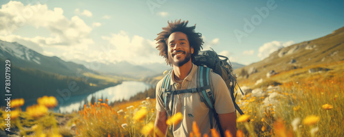 Young man hiking in mountains in sunny summer day. Tourism and recreation concept. © LeManna