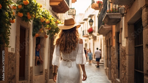 Beautiful young Spanish woman strolling through Sitges' narrow streets