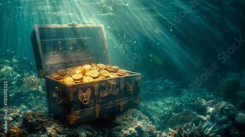 A treasure chest full of gold coins was sitting on the rocky shore. The sunlight shone on his chest, making the gold coins sparkle. The scene is calm and peaceful with the ocean in the background.