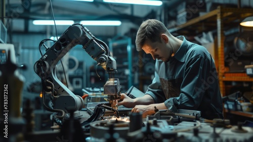Factory maintenance engineer working with old defected robotic arm in maintenance workshop