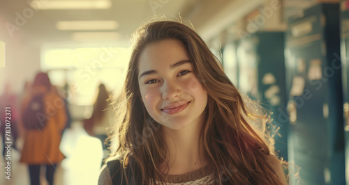 a happy young woman with long brown hair smiling in the hallway between lockers at high school, during the daytime