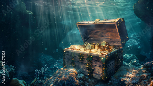 A treasure chest full of gold coins was sitting on the rocky shore. The sunlight shone on his chest, making the gold coins sparkle. The scene is calm and peaceful with the ocean in the background.