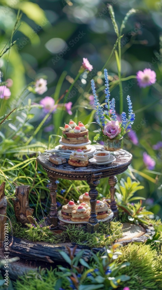 A miniature garden with a cake stand and flowers A miniature garden with a cake stand and flowers