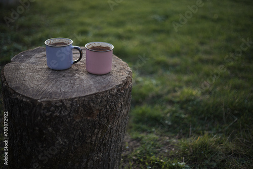 a cup of coffee stands on a wooden table in the garden © Bogdan