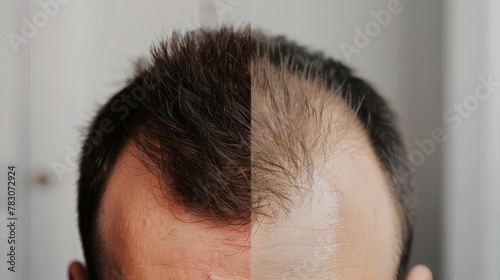 comparison of a mans hair before and after treatment for hair loss. Hair transplant © ink drop