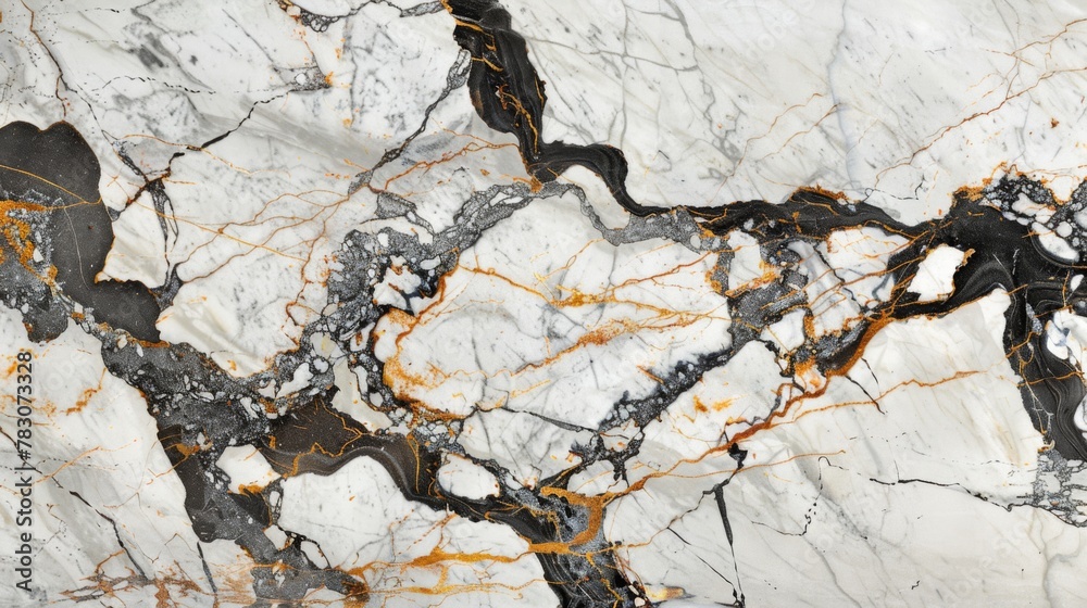 Classic white marble with bold black and gold veins, providing a crisp, detailed texture. 