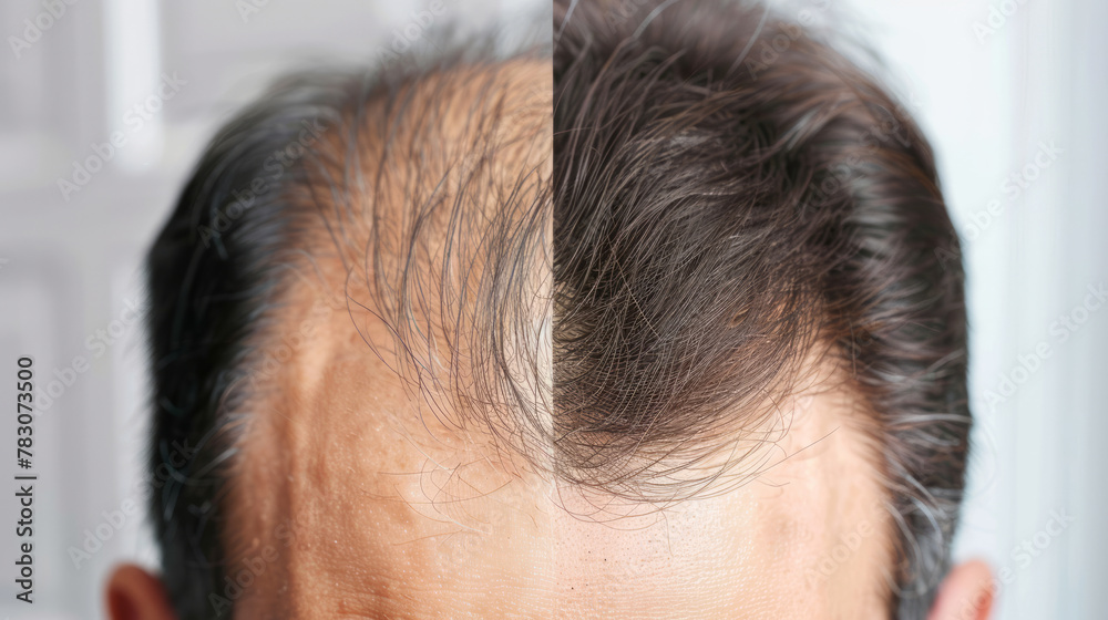 comparison of a mans hair before and after treatment for hair loss. Hair transplant - obrazy, fototapety, plakaty 