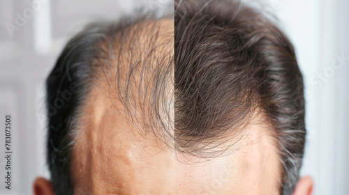 comparison of a mans hair before and after treatment for hair loss. Hair transplant © ink drop