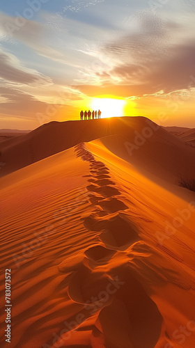 Golden Sunset Over Majestic Desert Dunes with Camels