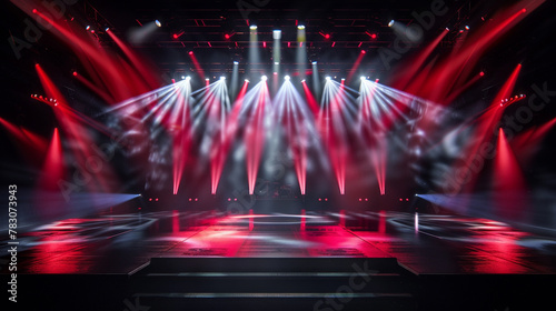 Concert Stage Lights, Dramatic red and white stage lights illuminate an empty concert stage in a dark venue.