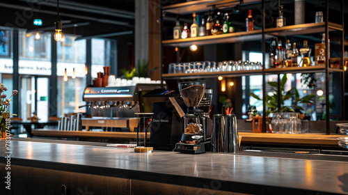 Modern Caf?, Stylish coffee shop counter with modern espresso machine and chic decor in a cozy ambiance.