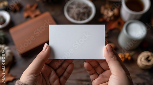 Closeup of Hands Holding Blank Business Card in Cozy Home Office Environment