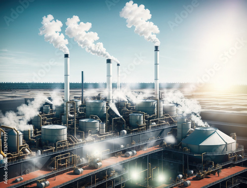 A large industrial plant with smokestacks emitting smoke into the air.