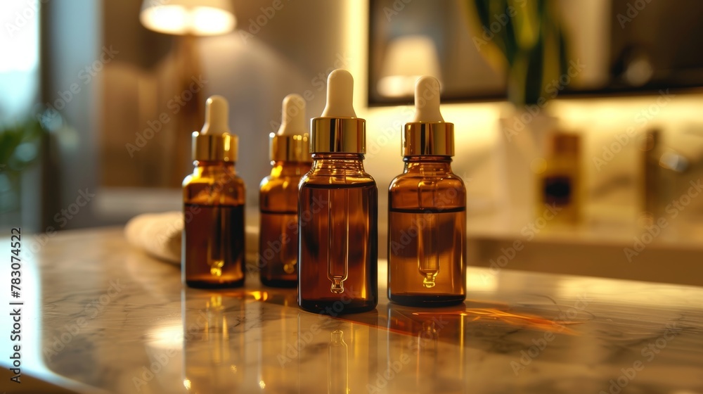 Spa room setting with bottles of skin care serum and natural cosmetics for face and body beauty Spa room setting with bottles of skin care serum and natural cosmetics for face and body beauty