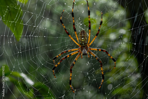 Golden Silk Orb-Weaver Spider with Dew on Web 
