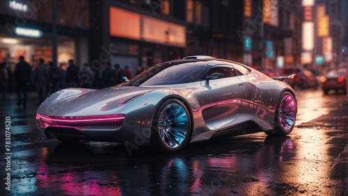 A futuristic brand-less generic concept Sports car on the road in the city at night with a long exposure