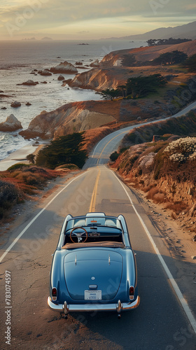 Coastal Escape in Vintage Convertible on Picturesque Seaside Road
