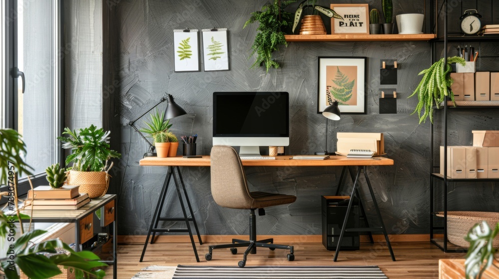 Modern Home Office With Desk, Shelves, and Plants Modern Home Office With Desk, Shelves, and Plants