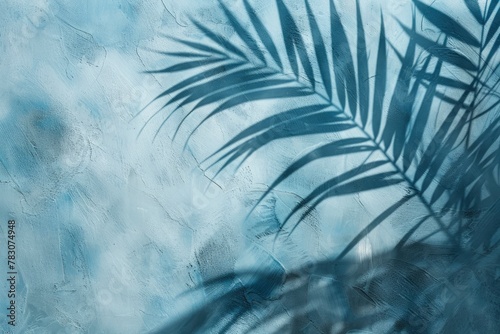 Empty palm shadow blue color texture pattern cement wall background. Used for presentation business nature organic cosmetic products for sale shop online - generative ai