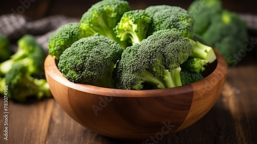 Wooden bowl filled with broccoli florets