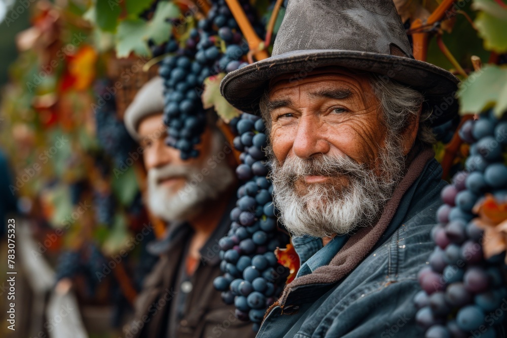 Two men amidst grapevines, one smiling at the camera.