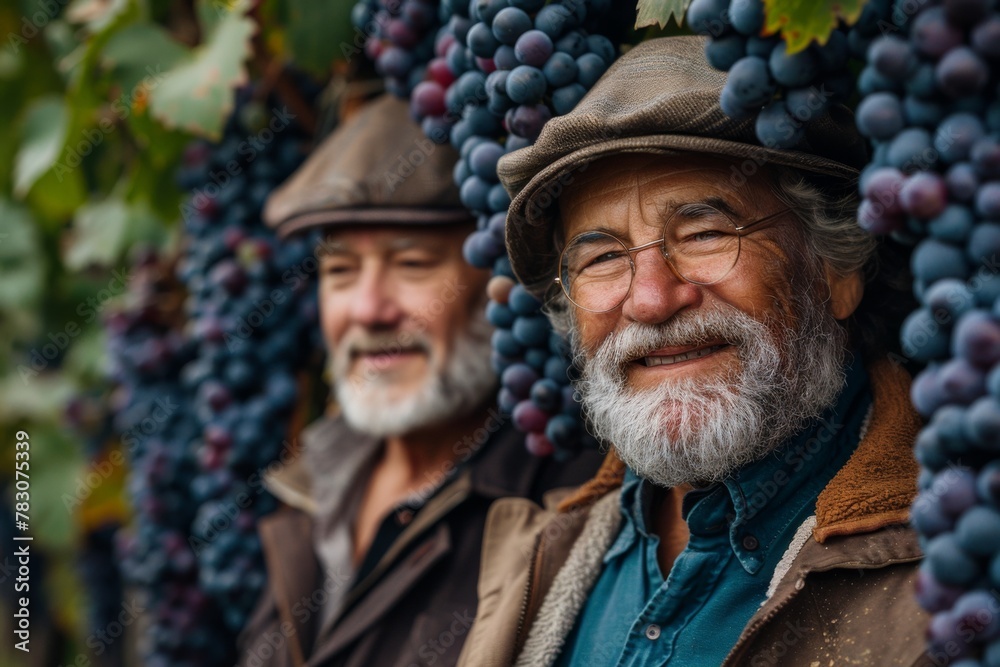 Two men amidst grapevines, one smiling at the camera.