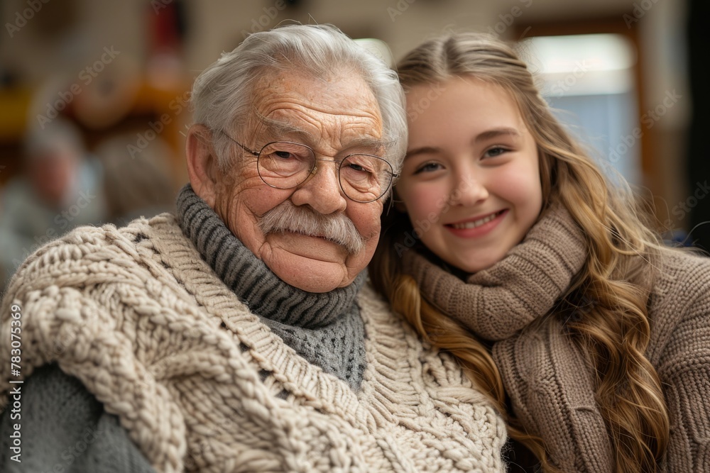A joyful senior man and a young girl sharing a cozy moment. A joyful senior man and a young girl sharing a cozy moment.