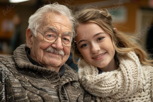A joyful senior man and a young girl sharing a cozy moment. © Good AI