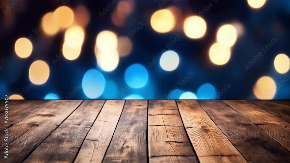 Empty wood table with blurred Christmas lights set behind the table Empty wood table with blurred Christmas lights set behind the table